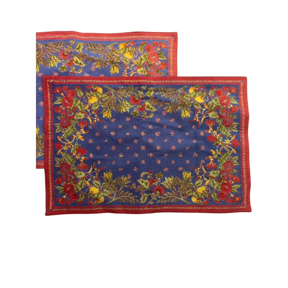 Set 2 Vintage Style Cotton Placemats Blue Red Floral Fruit‎ Border Table Linens